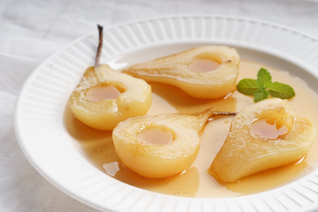 Poire pochée au gingembre et miel